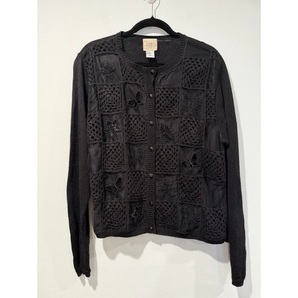 Vintage Teddi Cardigan Med. Crochet Floral Embroidered Whimsigoth Dark Romantic